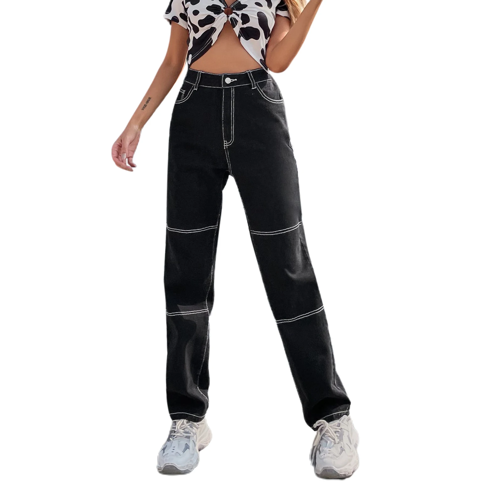 

Women Denim Pants High Waist Side Pockets Sewing Loose Casual Party Street Black Trousers
