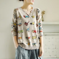 cute lovely cartoon cat printing women loose pullovers thin tops spring long sleeved casual harajuku knitted sweater v neck pull