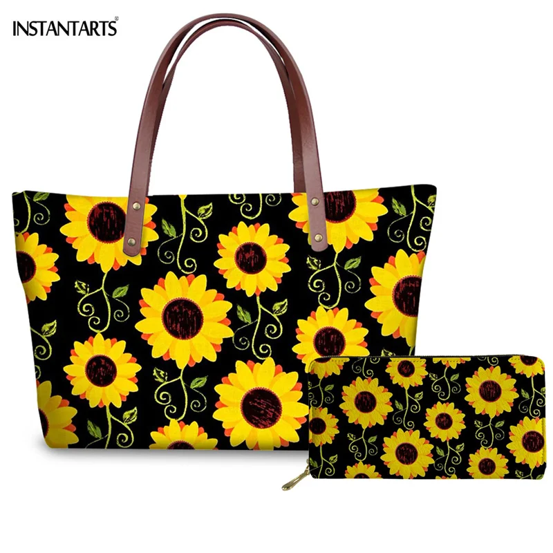 

INSTANTARTS Women's Large Shoulder Handbag Yellow Sunflower Design Fashion 2pcs Set Female Casual Shopping Tote and Purse Mujer