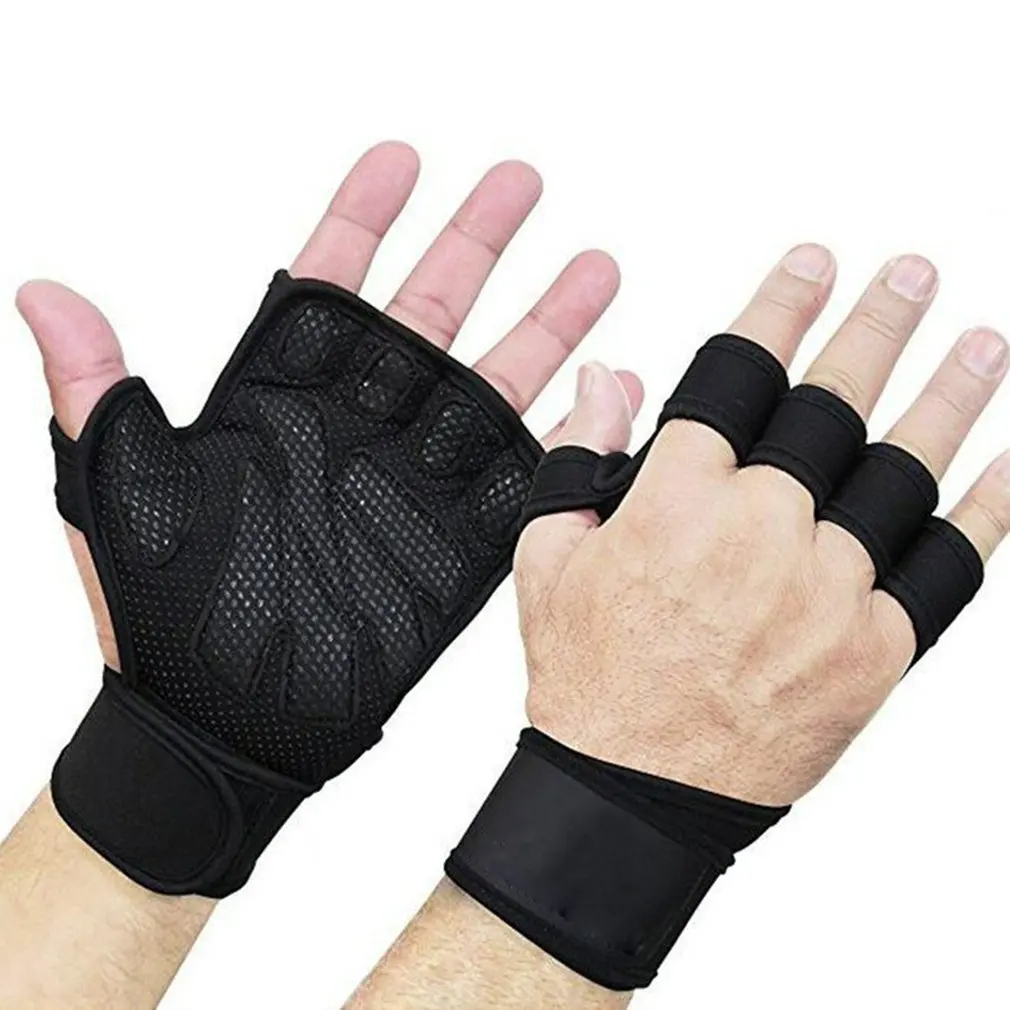 

Перчатки с открытыми пальцами для тренажерного зала, искусственная кожа, поддержка запястья, Кроссфит, тренировка, тяжелая атлетика, мужски...