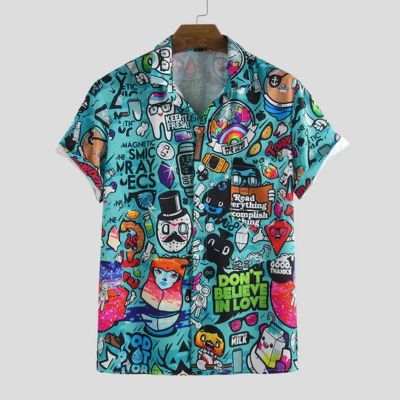 

Summer Casual Shirts Men Cartoon Green Graffiti Printed Beach Blouse Tops Turn Down Collar Short Sleeve Shirts Chemise Homme