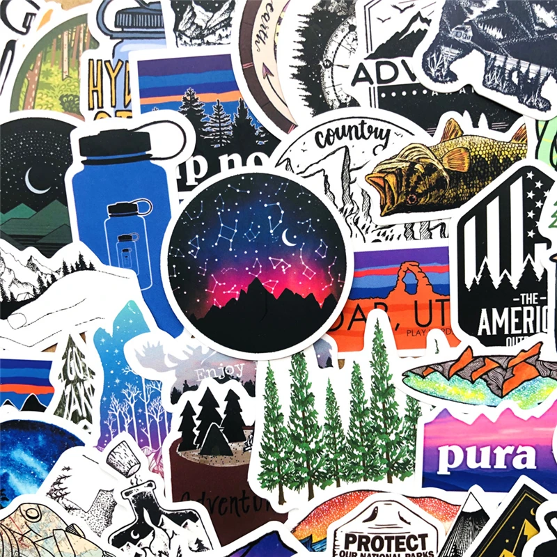 Pegatinas de aventura al aire libre para senderismo, 50 Uds., para Estilismo de coche, bicicleta, tel&eacute;fono, motocicleta, ordenador port&aacute;til, equipaje de viaje, DIY, pegatina de juguete-1