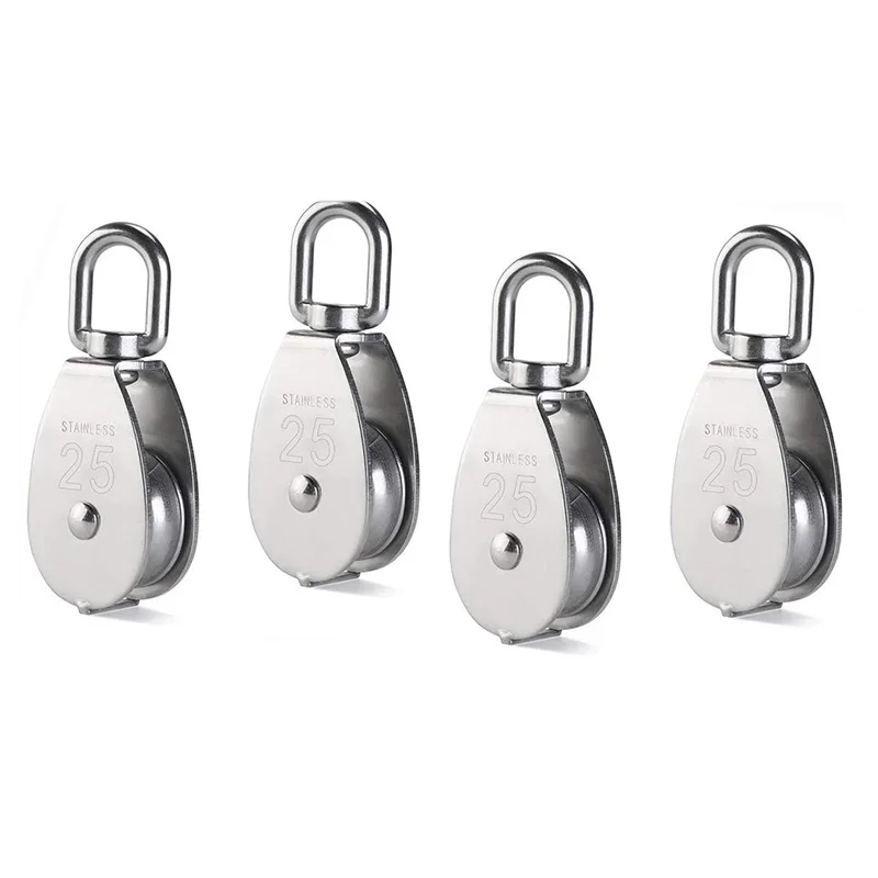 

New 4Pcs M25 Single Pulley Block,304 Stainless Steel Pulley Roller, Crane Swivel Hook Smooth Wire Rope Cable Loading