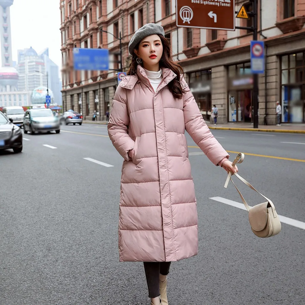 Зимняя женская куртка 2019 Длинная с капюшоном и хлопковой подкладкой