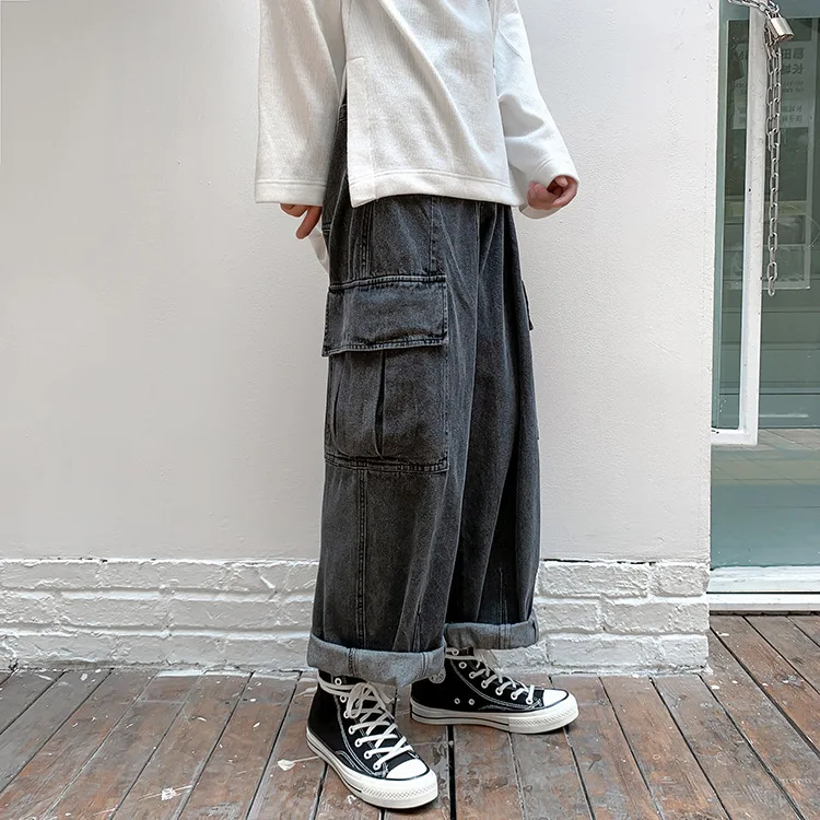 Harajuku High Street Washed Pockets Frayed Jean Pants Men and Women Straight Loose Casual Denim Trousers Plus Size Hip Hop Pants