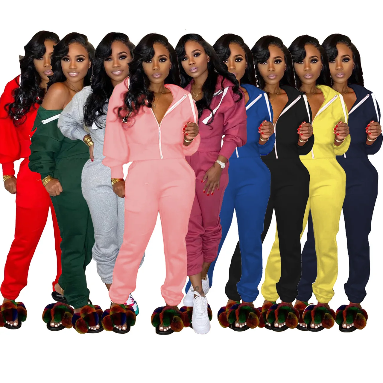 

Casual Solid Color Women Hoodie Zip Top Coats Outfits Tracksuit Plus Size Two Piece Set Jogging Pants