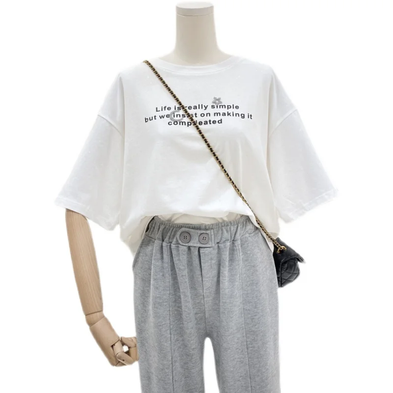 

Summer New Korean Style Loose Cotton T Shirt Light Diamond Short Sleeve T-shirt Women's Letter Solid Color Top
