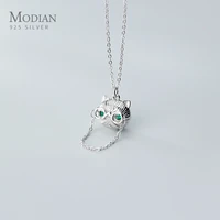 modian green crystal cute cat face sterling silver 925 pendant necklace for women adjustable necklace creativity fine jewelry