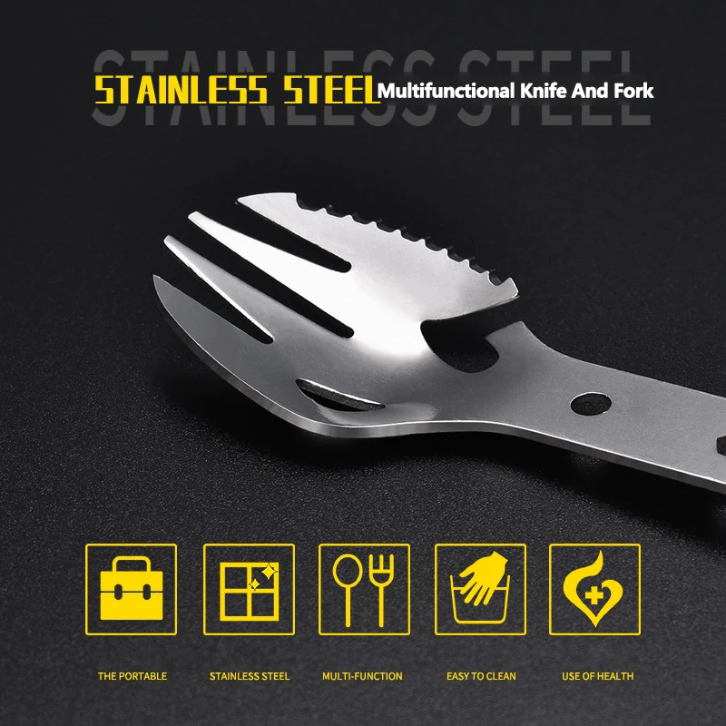 

2 In 1 Multifunctional Fork Spoon Tableware Bottle Opener Camping Outdoor Hiking Stainless Steel Camping Equipment Hiking Cooki