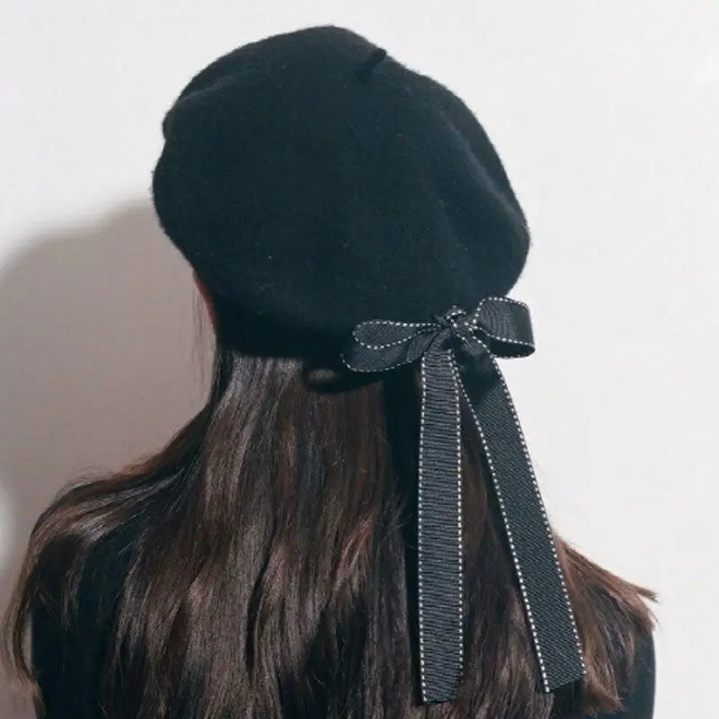 

New Womens Ladies Fashion Beret Harajuku Wool Basque Beret Hat With Bowknot