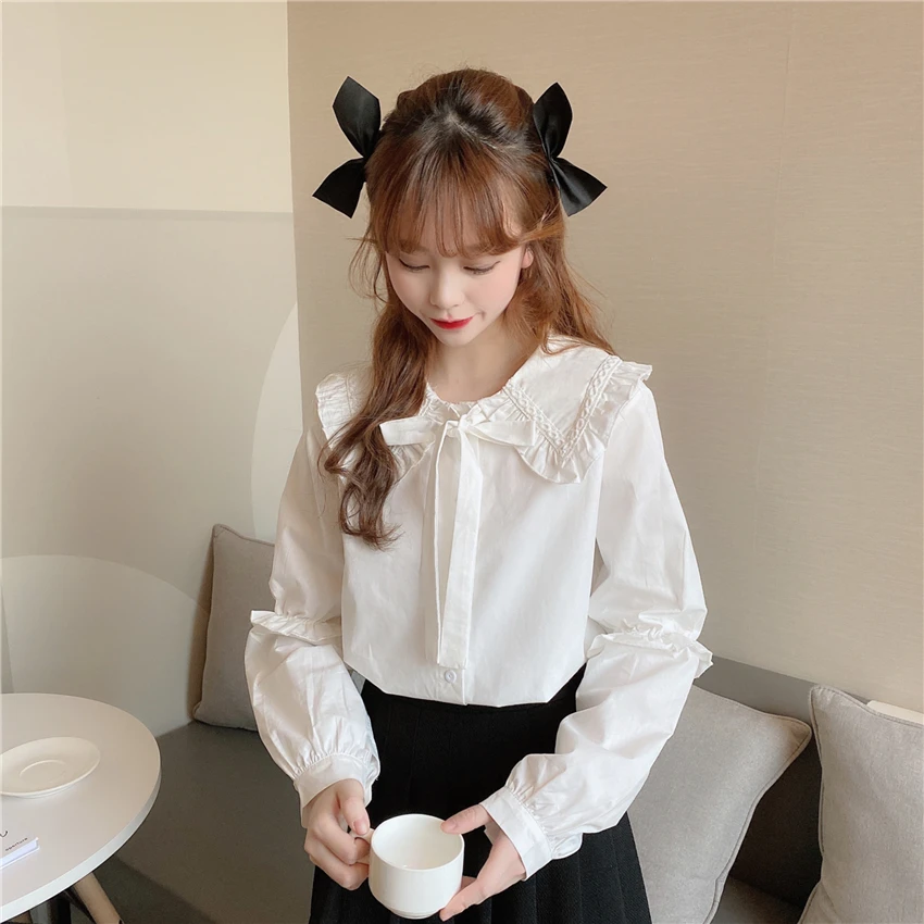 

OLOMLB Soft Sweet Long Sleeve Shirt Women Peter Pan Collar Japanese Style Top 2021 Summer New Solid Bow Cute Blouse Female