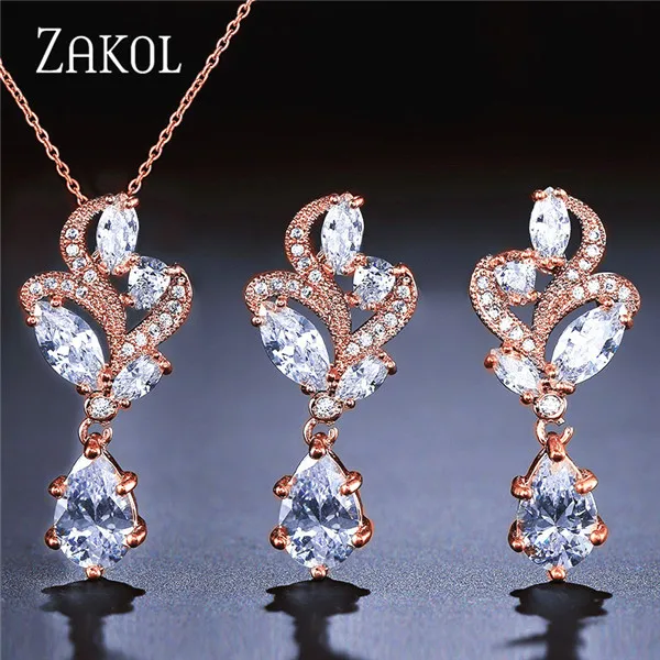 Изысканные ювелирные изделия в виде цветка из белого циркония ZAKOL с модным кристаллом маркиза, наборы ювелирных изделий для невесты/Женские аксессуары FSSP268 - Окраска металла: Rose Gold Set