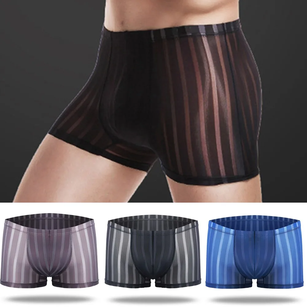 

Mens Sexy Ice Silk Ultra-thin Translucent Boxer Briefs Shorts Seamless Breathable Cool Underpants Low-rise Trunks