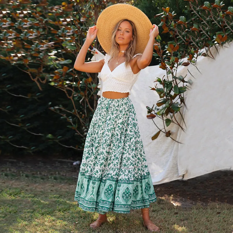 

2021 Summer New Fashion Empire Women's Bohemia Skrit Causal Loose Solid Bandage Floral Print Ladies A Line Skirt Basic