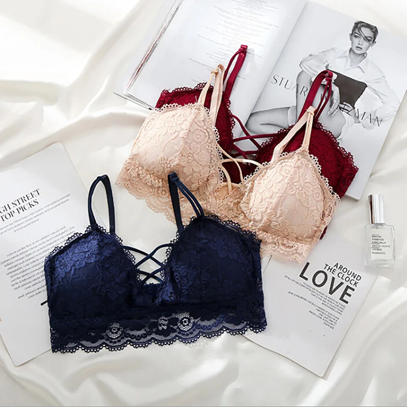 

Sexy Women Lace Bra Floral Padded Bralet Cross Bustier Tow Hook-and-eye Underwear Crop Tops