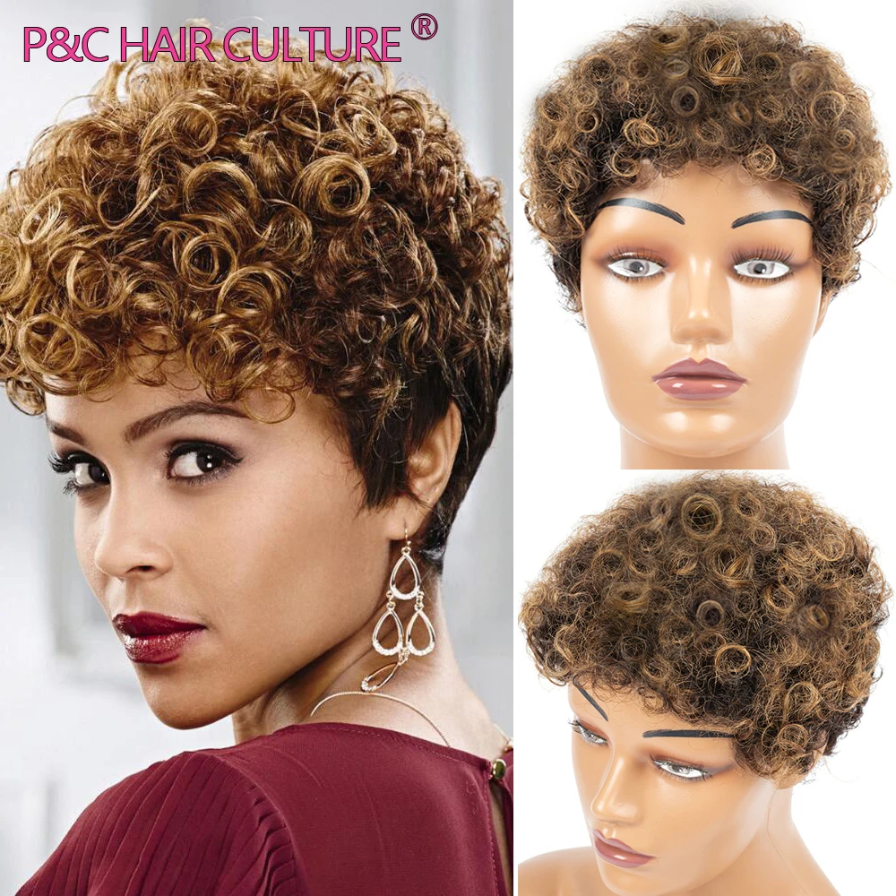 

Short Pixie Cut Wig Synthetic Hair Wig With Bangs For Black Women Ombre Curly Wave Wigs Glueless High Quality