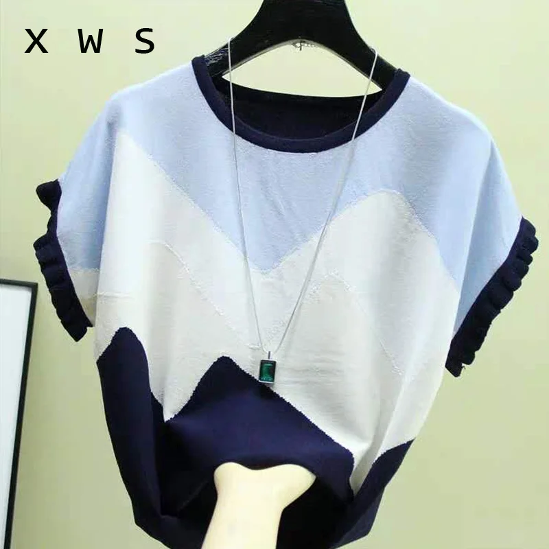 Свитер женский в стиле пэчворк трикотажный тонкий пуловер оверсайз с коротким