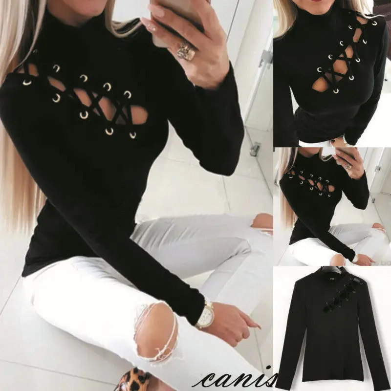 Женская ажурная блузка с высоким воротником черная приталенная Повседневная