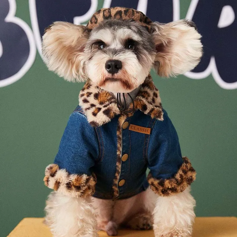 

Одежда для собак осенняя и зимняя одежда толстая Красивая Тедди Шнауцер Бишон Мопс леопардовая джинсовая куртка