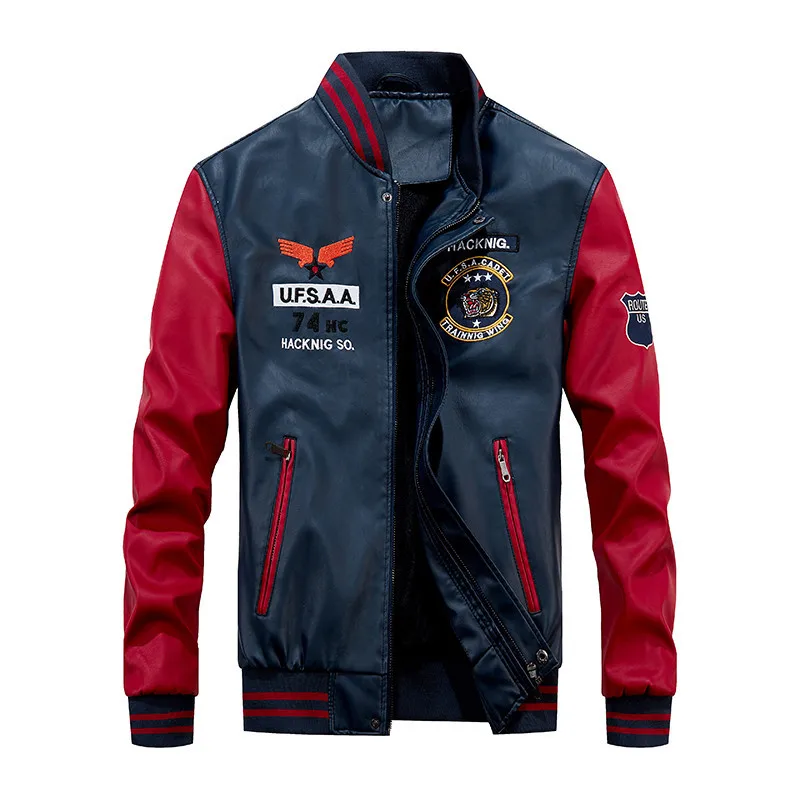 

Autumn and winter new men's leather jacket embroidered baseball motorcycle PU leather jacke Slim warm coat