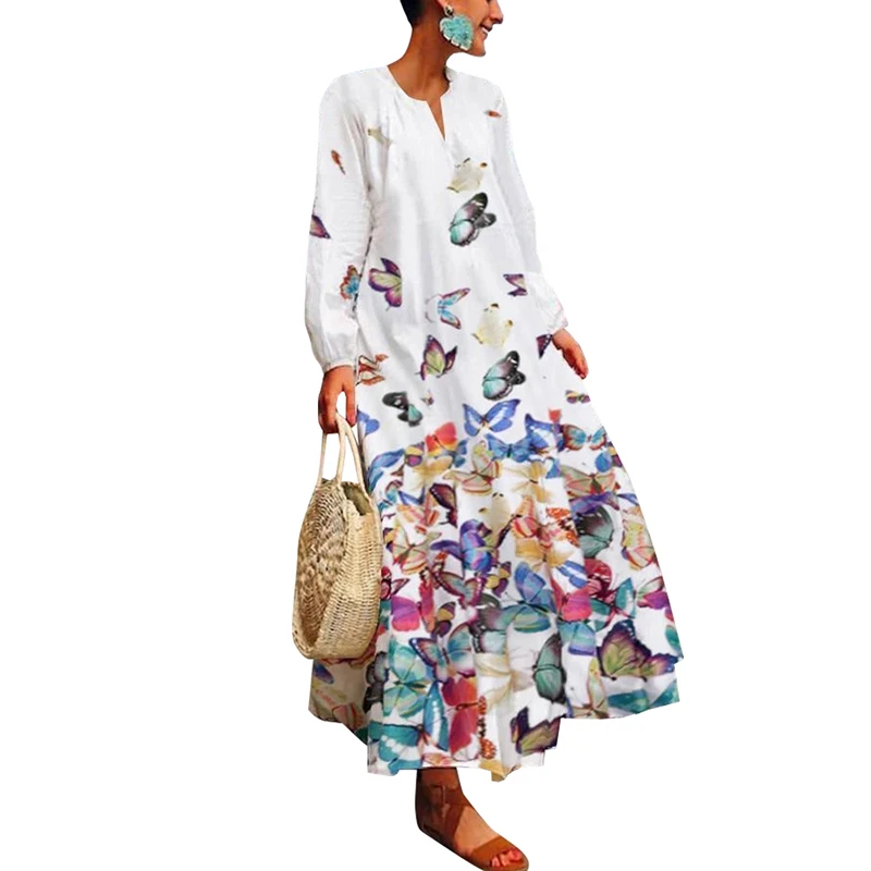 

Женская обувь с принтом в виде бабочек платья Элегантные Осенние с круглым вырезом в стиле «свободные вечерние платье леди 2020 Осень Длинные...