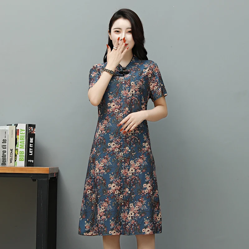 

2020 New Summer Middle Aaged Women Dress Elegant Flower Print Short Sleeve Casual Midi Dresses A-Line Sundress
