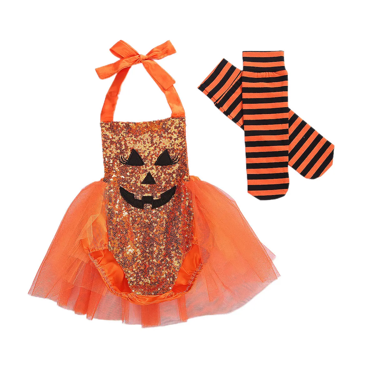 

Halloween Baby Girl Summer Infant Festival Costume Cute Pumpkin Face Sequin Bodysuit Tutu Dress + Striped Socks 2Pcs