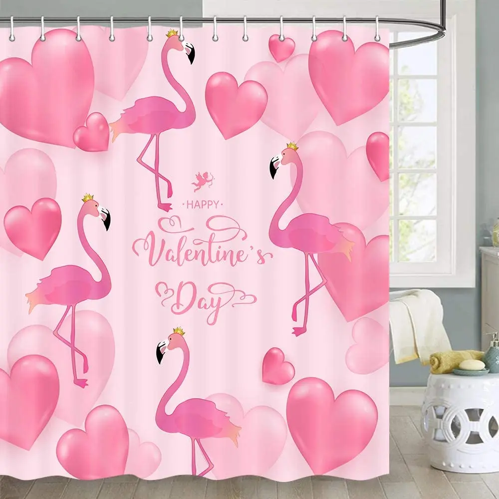 

Valentine Shower Curtain Happy Valentine's Day with Pink Heart Flamingo Pink Shower Curtain for Valentine's Day Shower Curtain