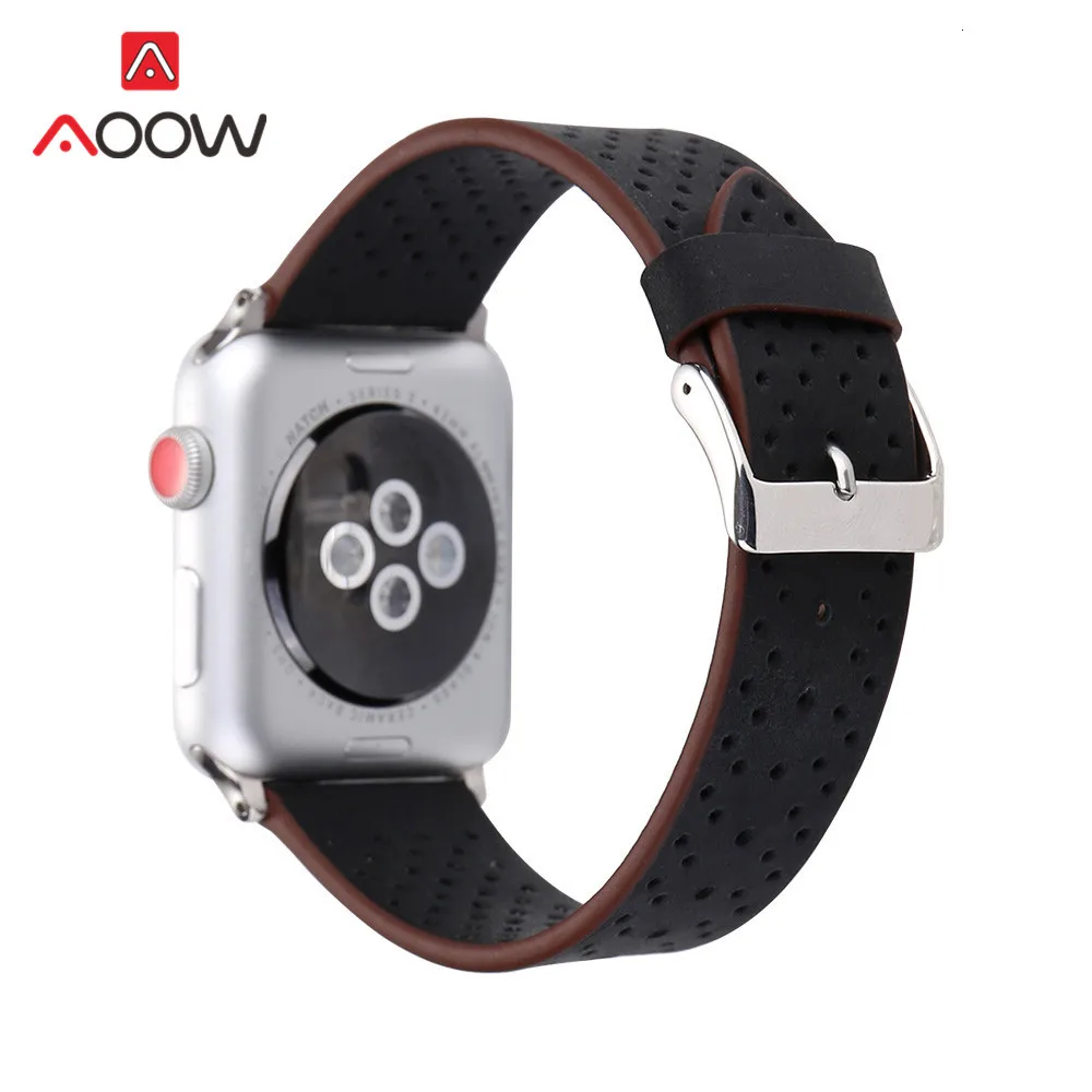 Ремешок для часов из натуральной кожи для Apple Watch, 38 мм, 42 мм, дышащий ремешок для мужчин и женщин, ремешок для iwatch 1, 2, 3, 4