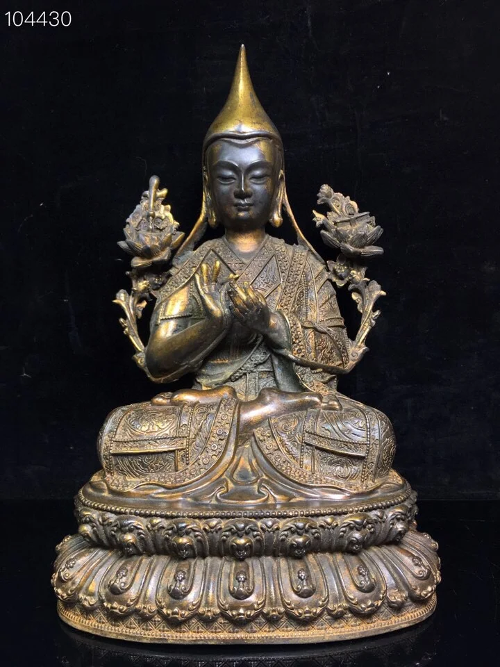 13"Tibet temple Old Bronze Lacquer Cinnabar Tsongkhapa Statue Sitting Buddha Enshrine the Buddha