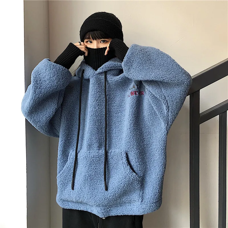 Корейский стиль instagram Harajuku винтажный овечьей шерсти с капюшоном Ulzzang женский