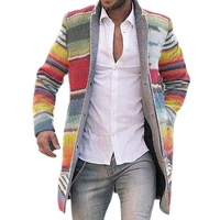 men autumn winter rainbow stripes open front long sleeve trench coat overcoat for outdoor