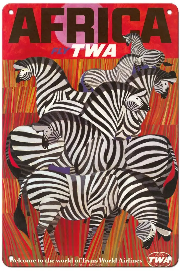 

Pacifica Island Art Africa - Fly TWA (Trans World Airlines) - Zebras - Vintage Airline Travel Poster by David Klein c.1960s