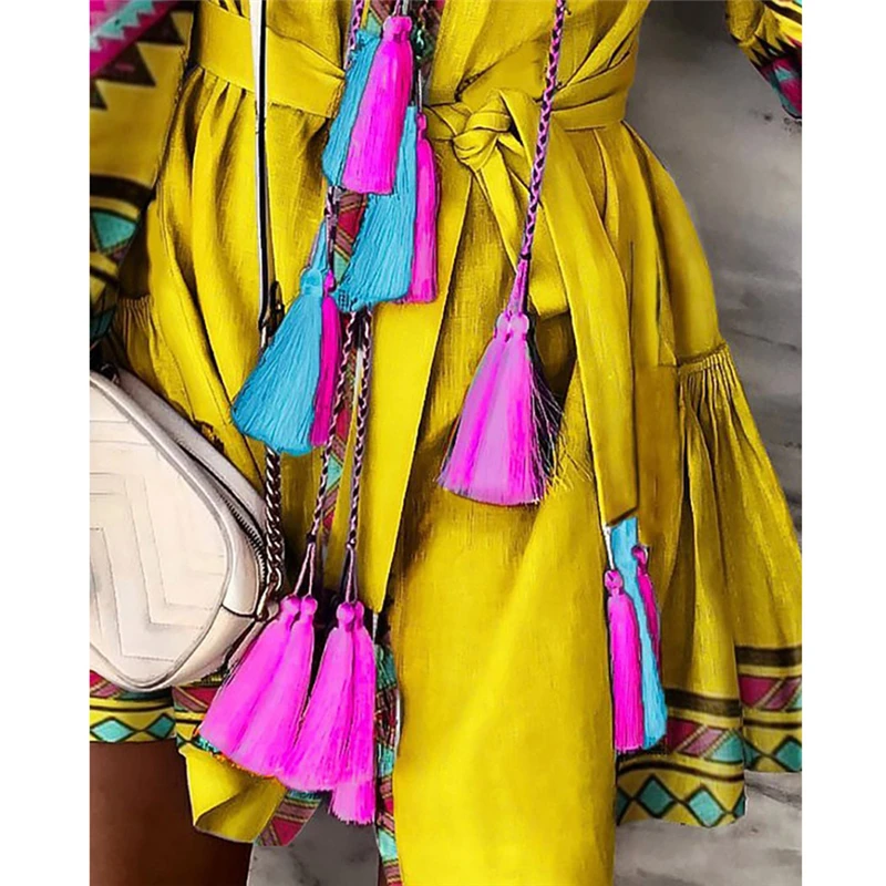 2019 Vintage Women Boho Floral Long Sleeve Short Dress Ladies V Neck Holiday Party Mini Tassels Lantern | Женская одежда
