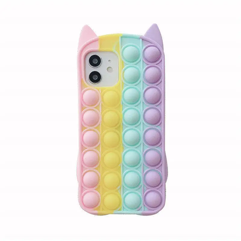 Cute Rainbow Cat Popit Push Bubble Silicone iPhone Case For iPhone11 12 Pro Max Mini X XS XR 8 7 Autism Sensory Fidget Cover | Мобильные