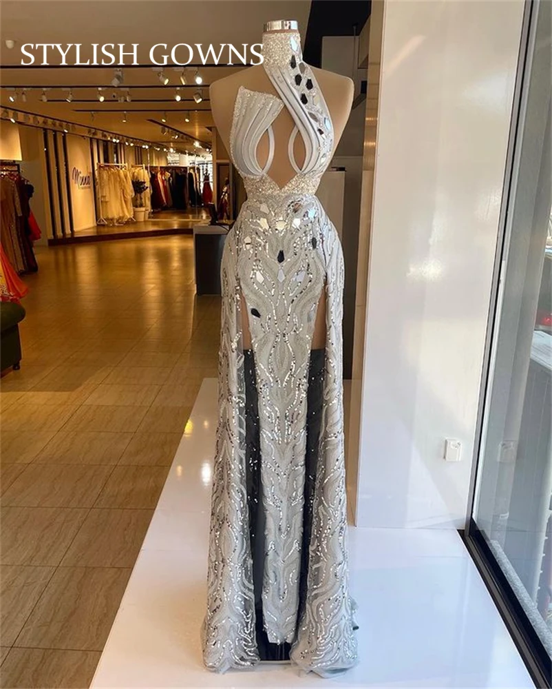 

High Neck Beaded Evening Dresses Long Luxury 2021 Sequined High Slit Prom Dress Vestidos De Novia