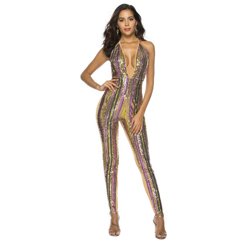 

Women Lace Up Backless Sleeveless Sequined Patchwork Jumpsuits Sexy Nightclub Wear
