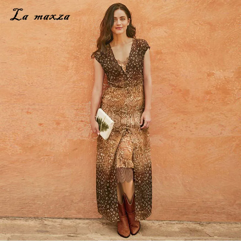 

Vintage Elegant Print Women Slim Dress Summer 2020 Fashion Deep V-neck Ruffles Dress Women