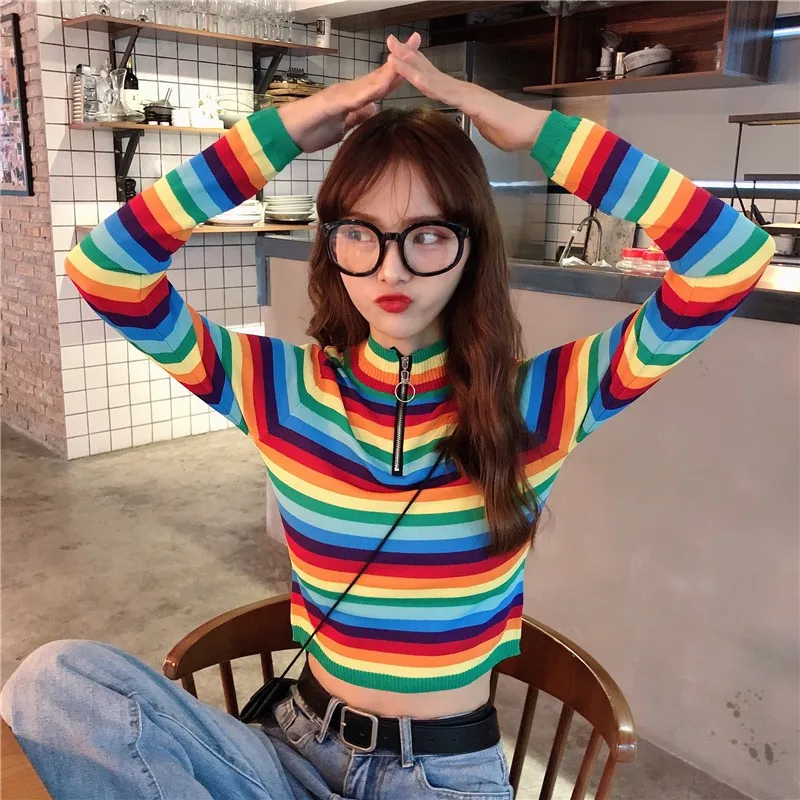 Women Sweaters Korean Style Rainbow Stripes Print Sweater Slim Long Sleeved half-high Collar Bottom Knit S1 New | Женская одежда