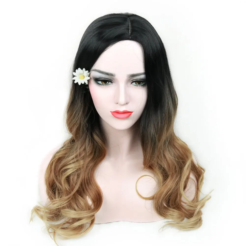

Netgo Long Wavy Black Brown Synthetic Wig Heat Resistant Ombre Blonde Middle Part Wig For Women Party Cosplay Daily Wear