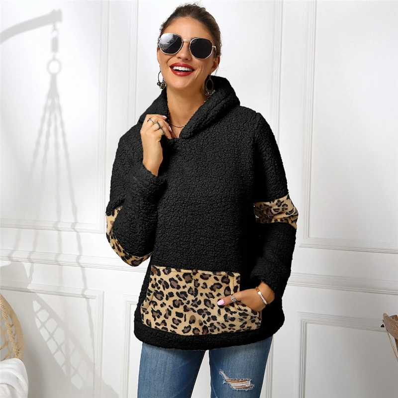 

2020 Autumn And Winter New Casual Leopard Print Stitching Ladies Hoodies Long-Sleeved Hooded Pocket Double-Sided Women Hoodie