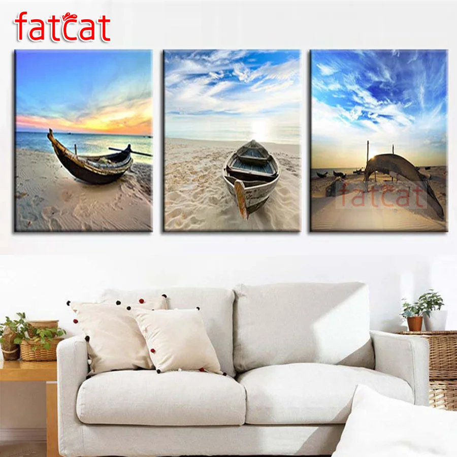 

FATCAT Пляж Лодка декорации diy 5d алмазная живопись камни в форме ромба круглый дрель мозаика, алмазная вышивка Триптих Вышивка крестом комплек...