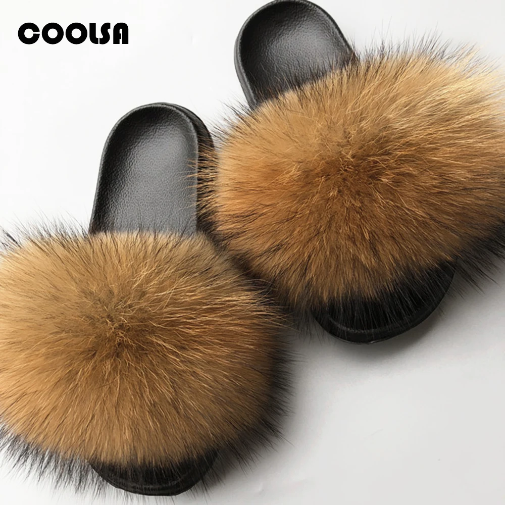

Coolsa Summer Women Fox Fur Slippers Real Fur Slides Female Indoor Flip Flops Casual Raccon Fur Sandals Furry Fluffy Plush Shoes