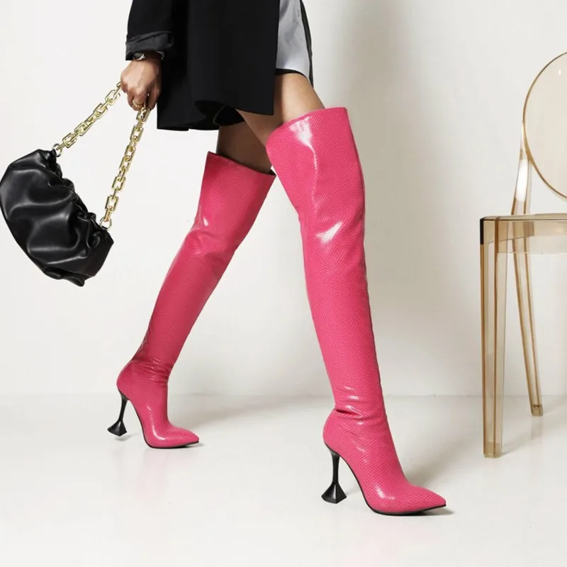 

Женские сапоги выше колена, на очень высоком каблуке, для кроссдрессеров, Клубная обувь для вечеринок, ярко-Розовая обувь