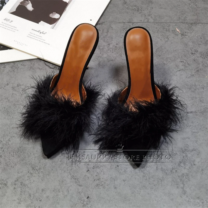 

Sexy Feather Slip-On Runway Mules Lady Summer Metal Thin High Heels Point Toe Slingbacks Sandals For Girls Women