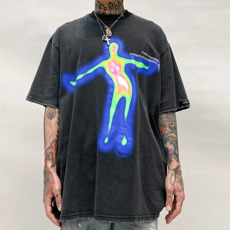 

Hip Hop Fashion Short Sleeve Men T-shirt Portrait Print Oversized Leisure Streetwear Tops Tees 2021 Summer Casual Male T-shirt