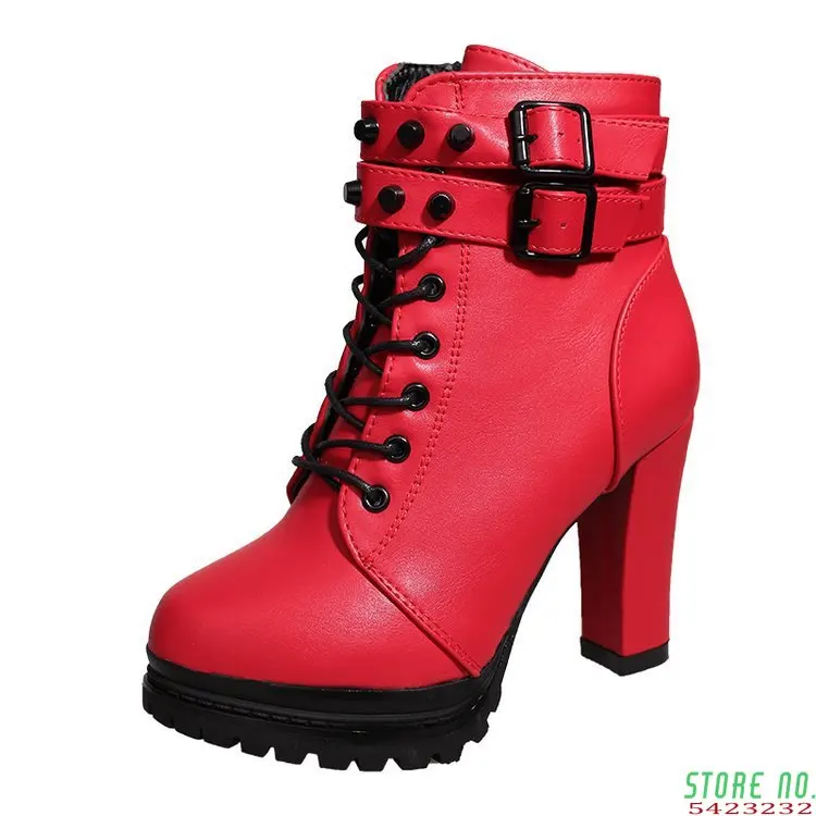 

Women Boots Ankle Boots For Women Lace Up Square Heel Winter Shoes Casual Super High Heel Boots Botas Mujer 2020