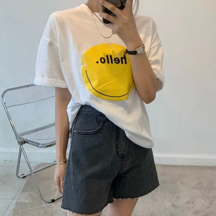 

Printing Color Contrast Short-Sleeved T-shirt Women's Ins Style Korean Style Loose All-Match round Neck Pullover Top Summer