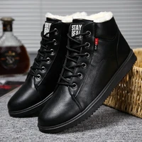 men snow boots plush lining leather short ankle boots lightweight lace up high top warm shoes flat fashion winter sneakers