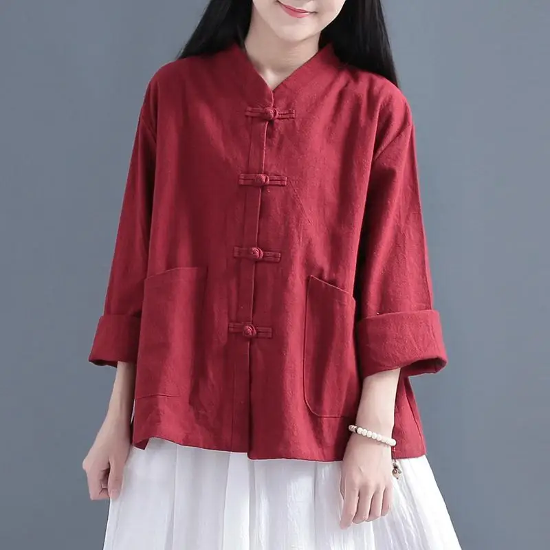

Retro Chinese Style Solid Color Loose Cotton Linen Coat Tup Cardigan Gentle Elegant T-shirt Women 's New Fashion